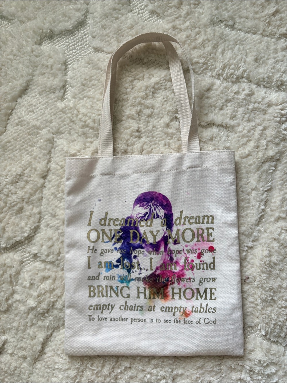 Les Miserables Watercolor White Canvas Tote Bag with Song Lyrics NWOT - Picture 2 of 3